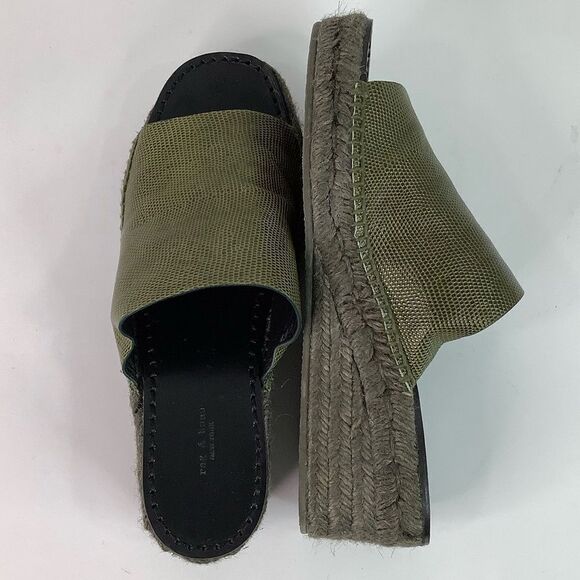 Rag & Bone Viv Espadrille Safari Khaki Micro Croco Leather Mule Sandals Sz 8/38 - Picture 2 of 11
